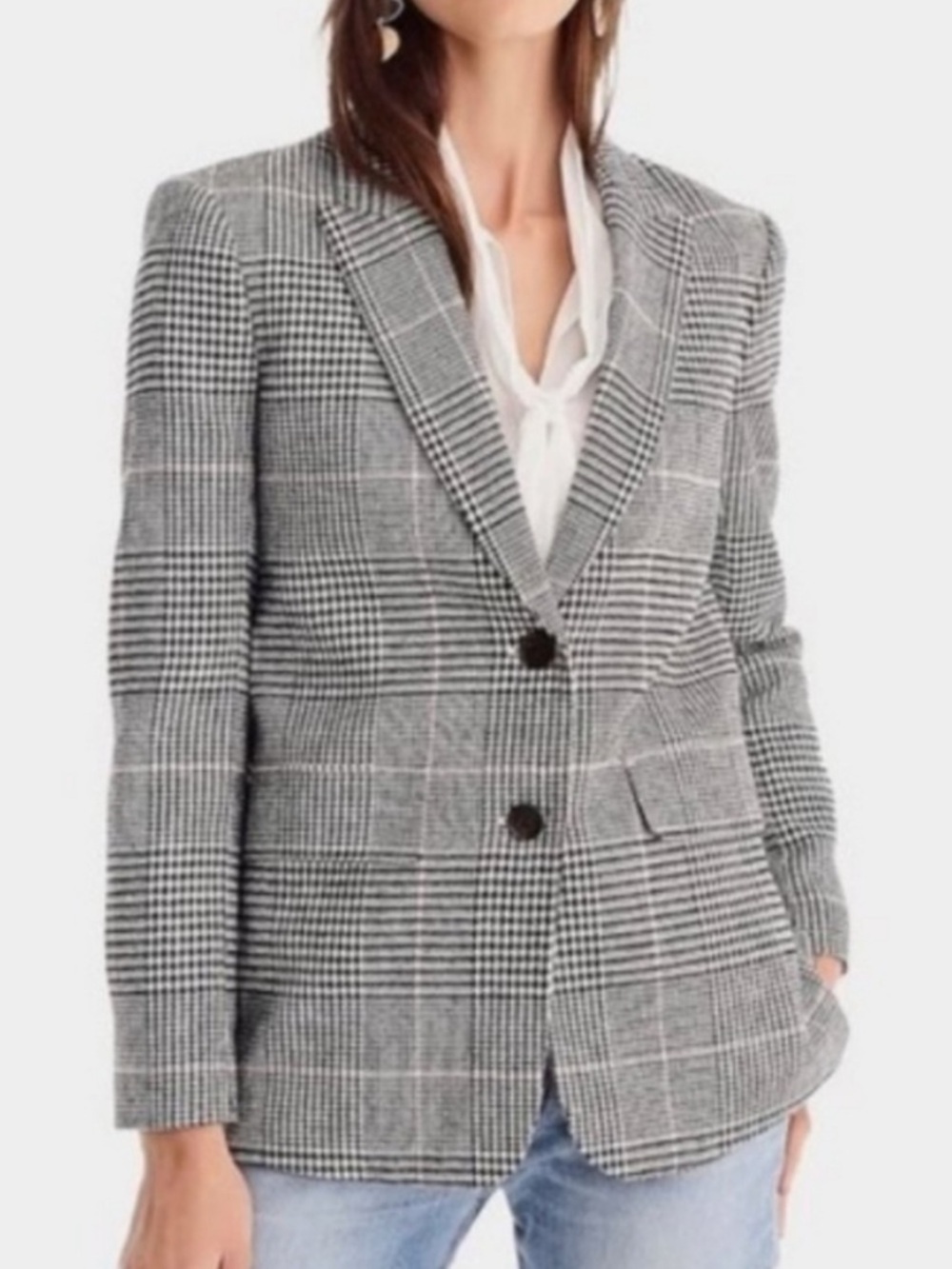 J. Crew Boyfriend Blazer Plaid Italian Wool Glen Black Gray Grey Pink Size 8